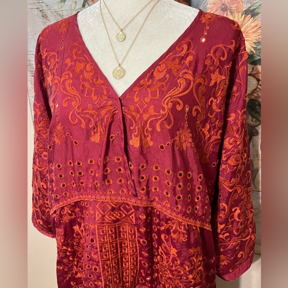 Sz XL John Mark Burgundy Boho Embroidered Tunic Shirt - Picture 1 of 17